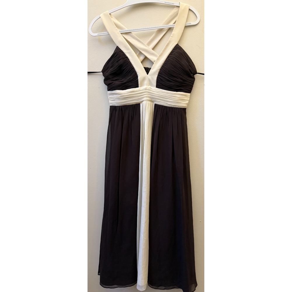Max & Cleo Size 6 Silk Brown White Trim Dress GUC V-Neck Empire Waist Cocktail